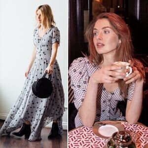 LoveShackFancy Coralie Puff Sleeve V Neck Midi Dress Charcoal Floral Plaid US 0